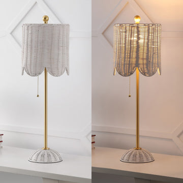 Celerie 27.5" Coastal Bohemian Rattan/Iron Scalloped Buffet LED Table Lamps with Pull Chain (Set of 2)
